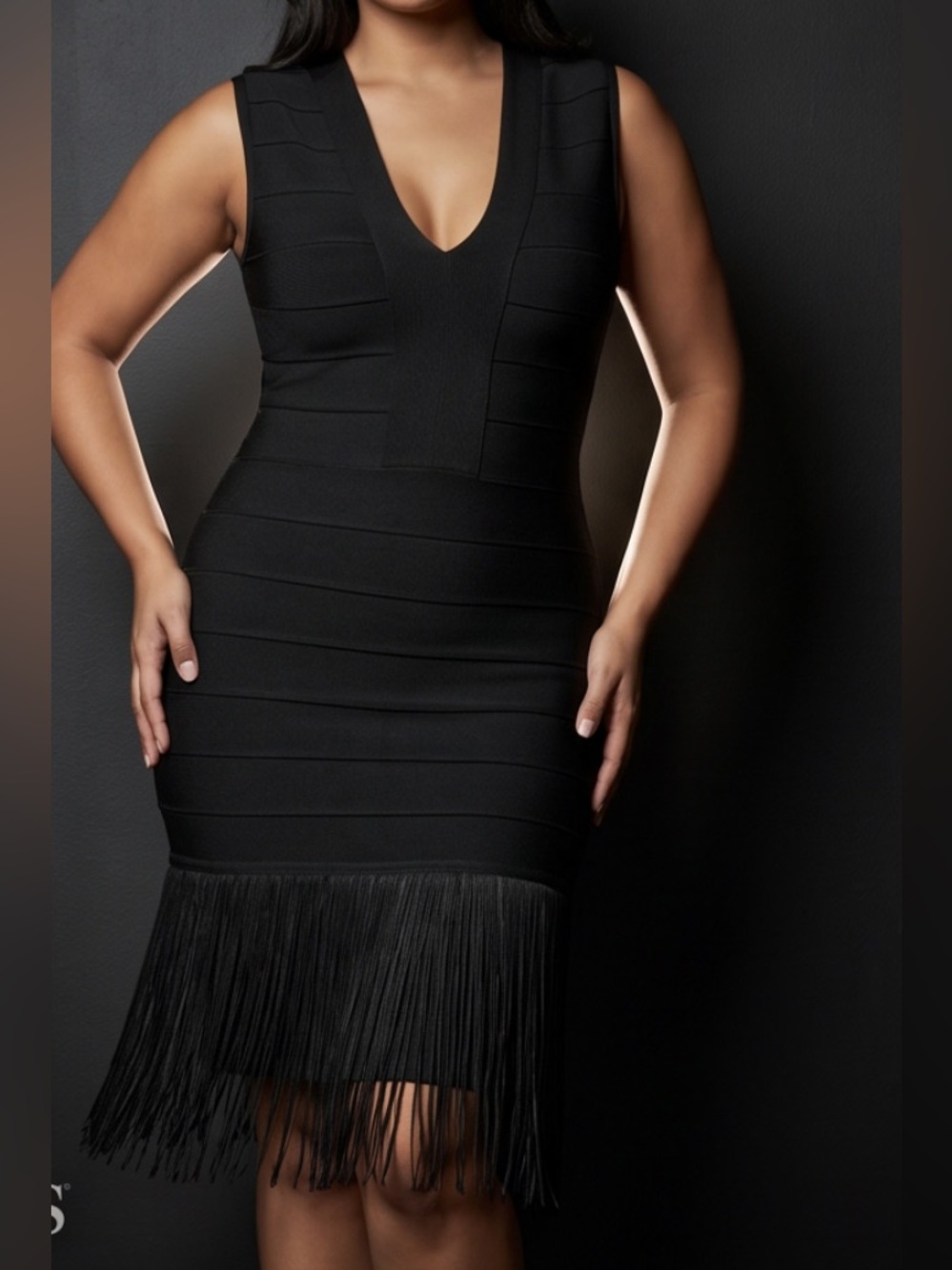 Elegant Party Venus formal Evening Black Sleeveless Fringe body-con Dress